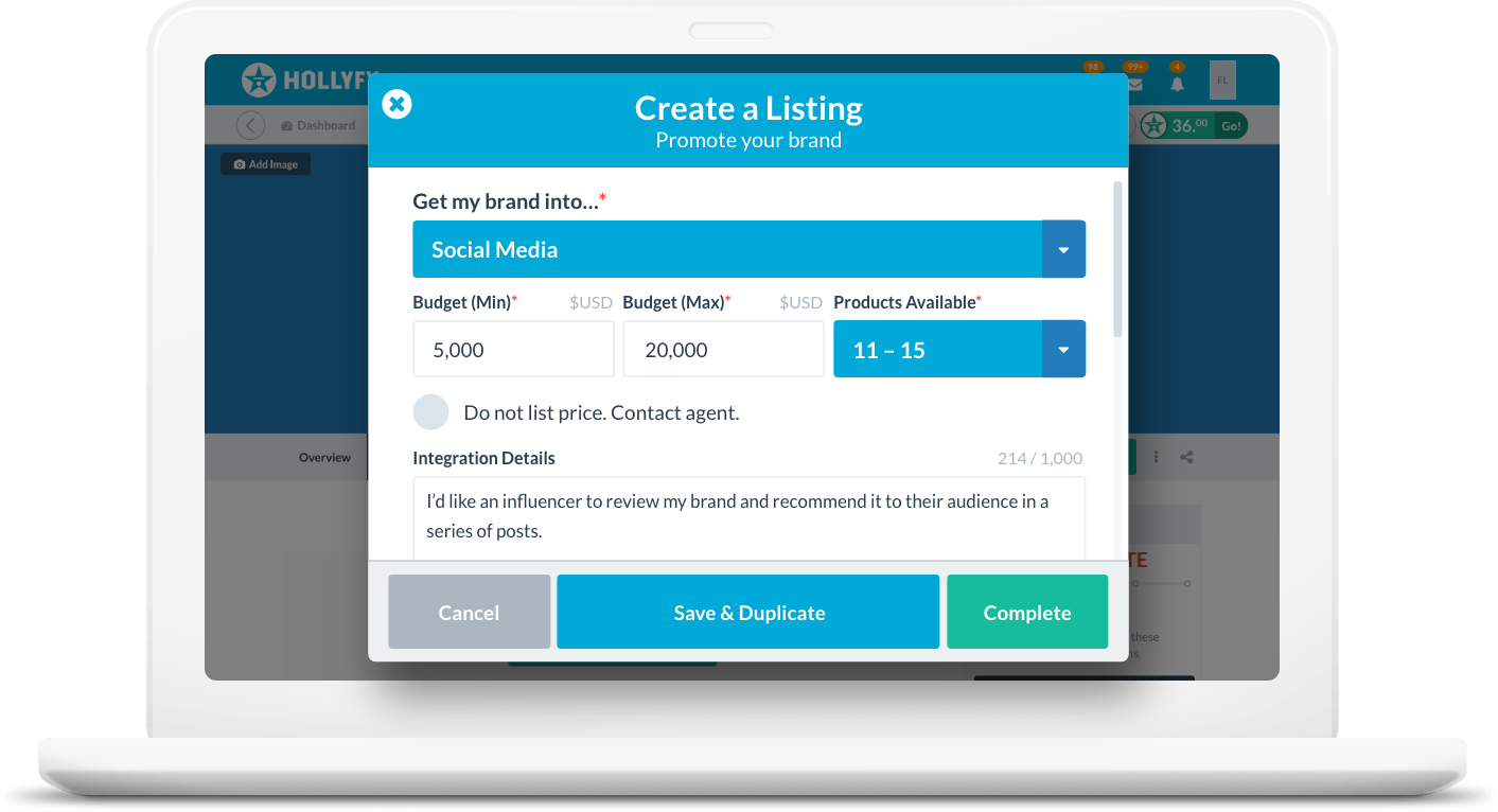 Create influencer listing Create influencer listing